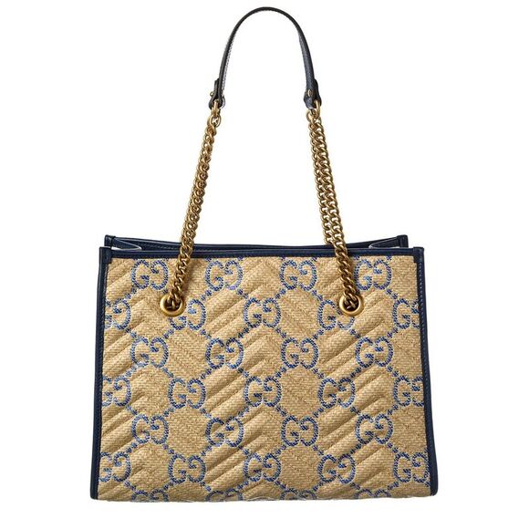 Gucci Gg Marmont Medium Raffia & Leather Tote, Beige - Picture 2 of 4